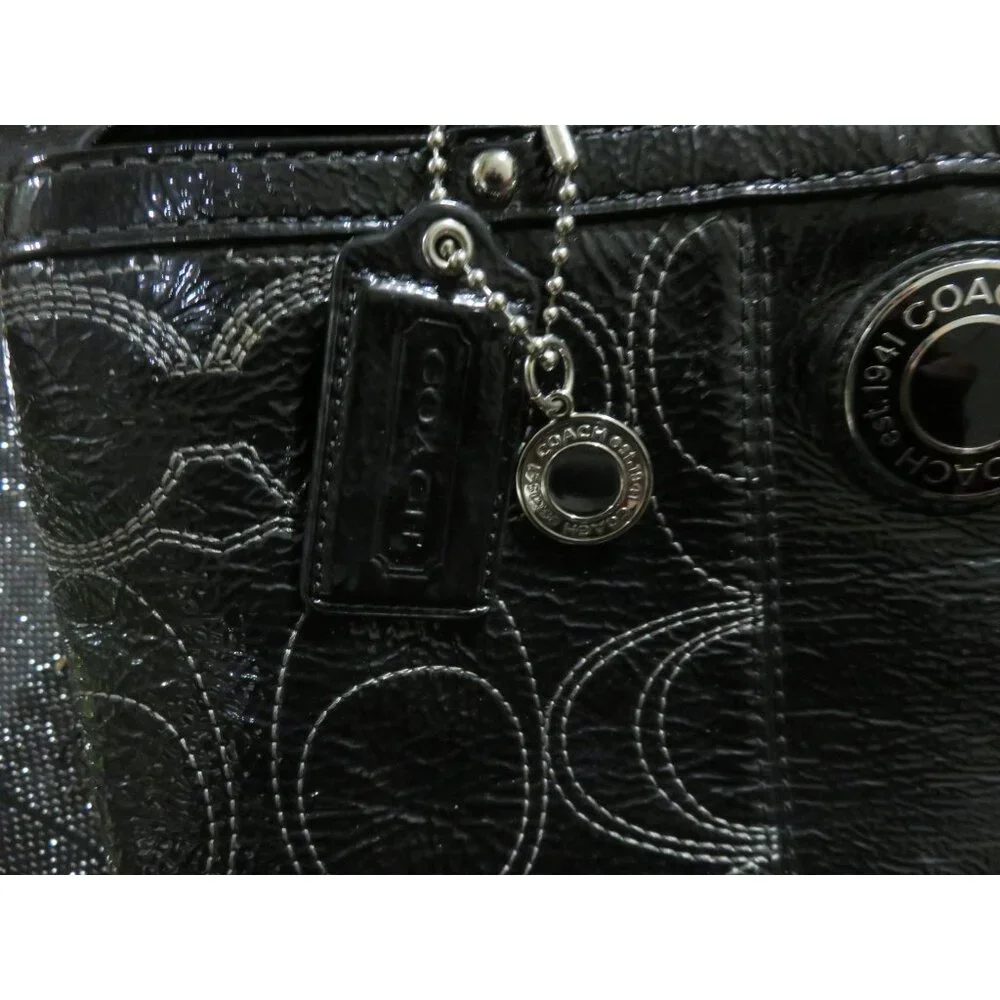 Coach 2012 Black Signature C Stitched Patent Leather Tote Kisslock Handbag